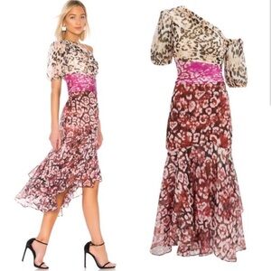 AMUR Jaylah Leopard Print One Shoulder Dress in Neutral Pink Rust